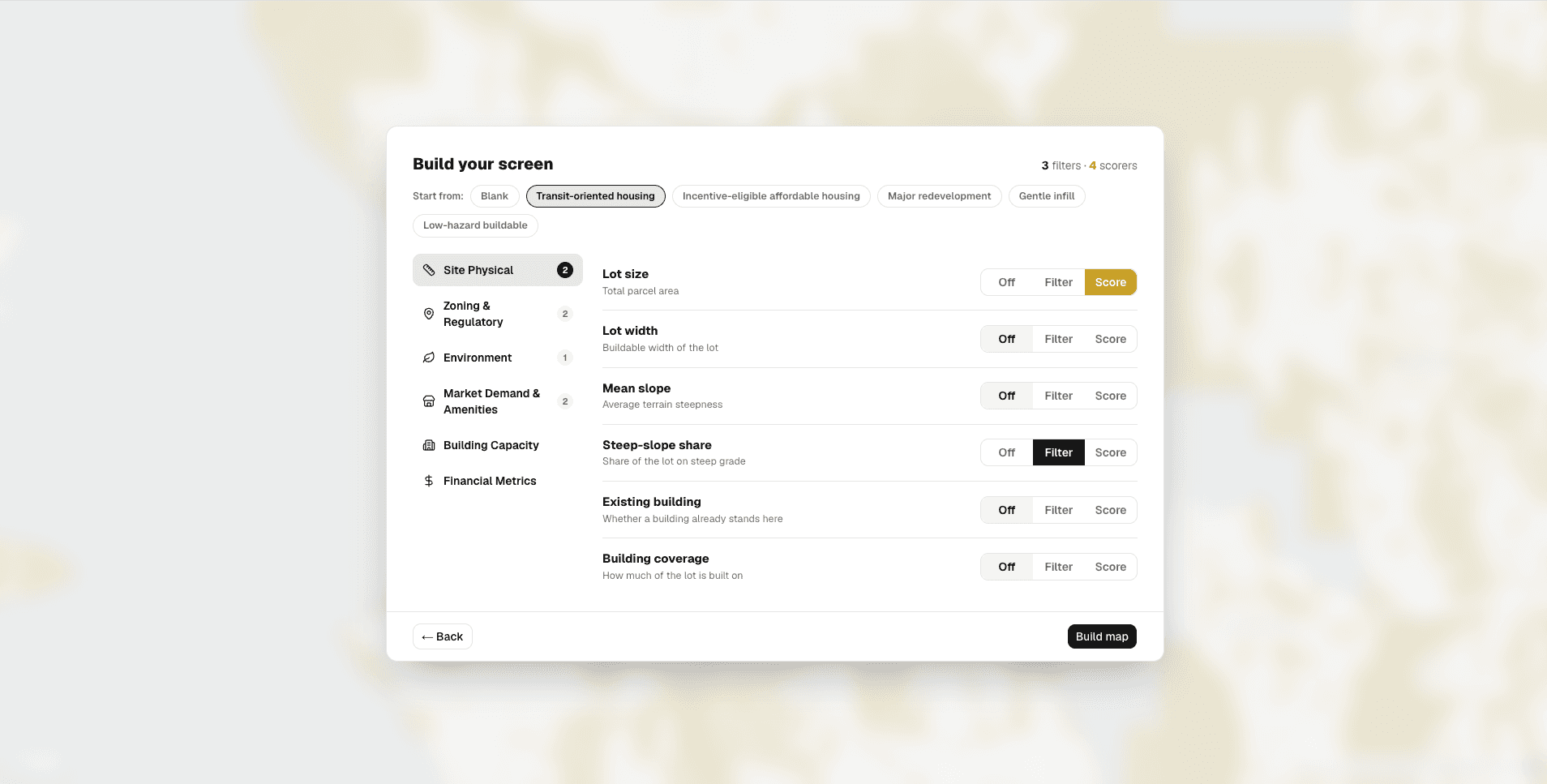 Soft site screening criteria builder